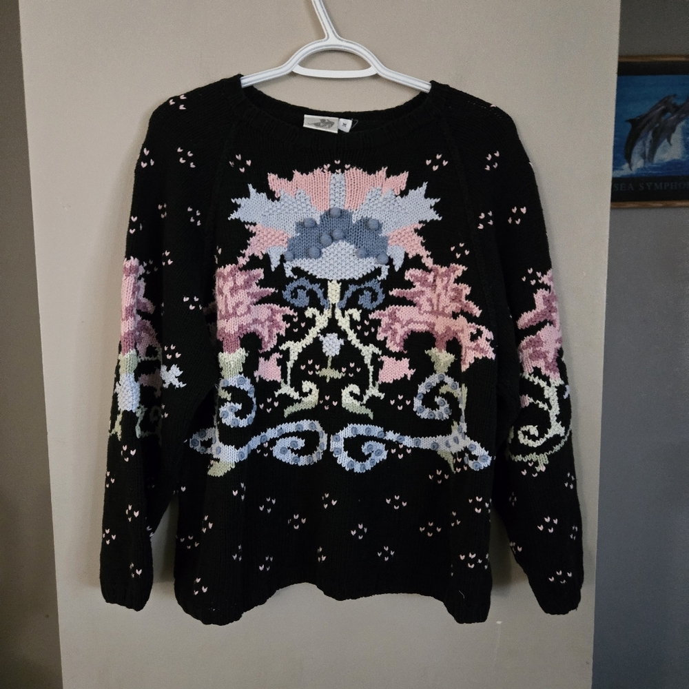 Vintage 90s Floral Chunky Knit Sweater Womens Medium Cottage - Picture 2 of 8